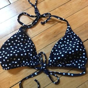 Navy and white polka dot string bikini top